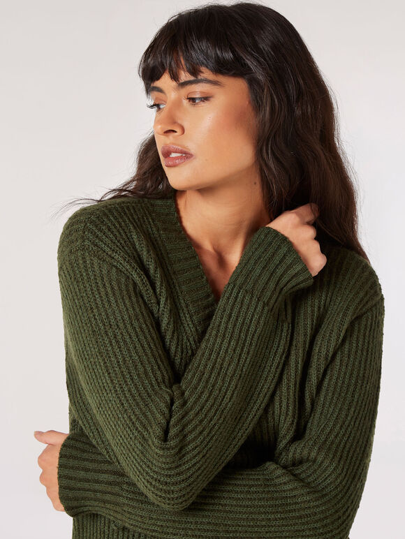 Ribbed Knit Jumper Mini Dress, Green, large