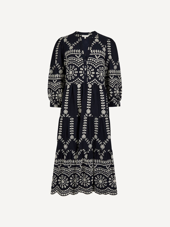 Floral Broderie Anglaise Midi Dress, Navy, large