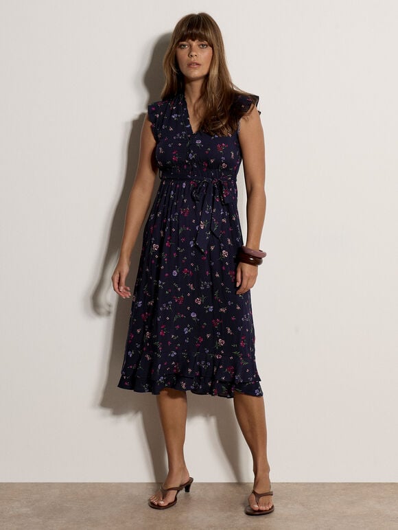 Ditsy Floral Ruffle Midi Dress, Navy, large