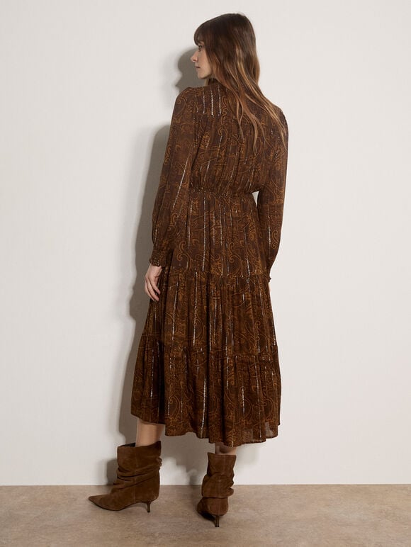 Paisley Metallic Shimmer Tiered Midi Dress, Brown, large