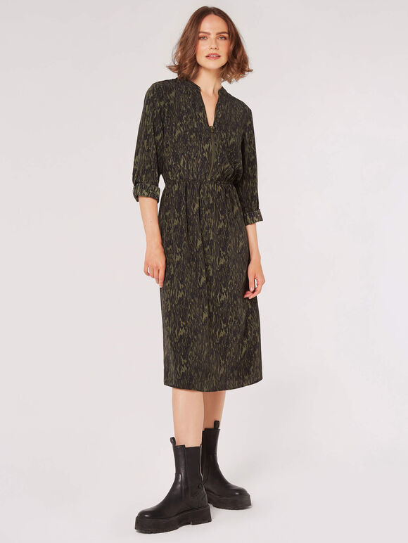 Texture Print Zip Midi Dress, Green, large