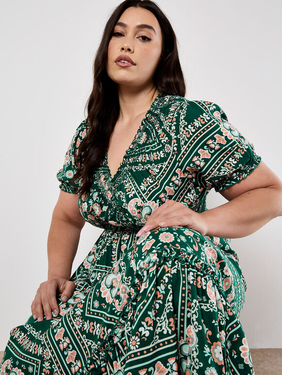 Scarf Print Smocked Maxi Dress, Green, large