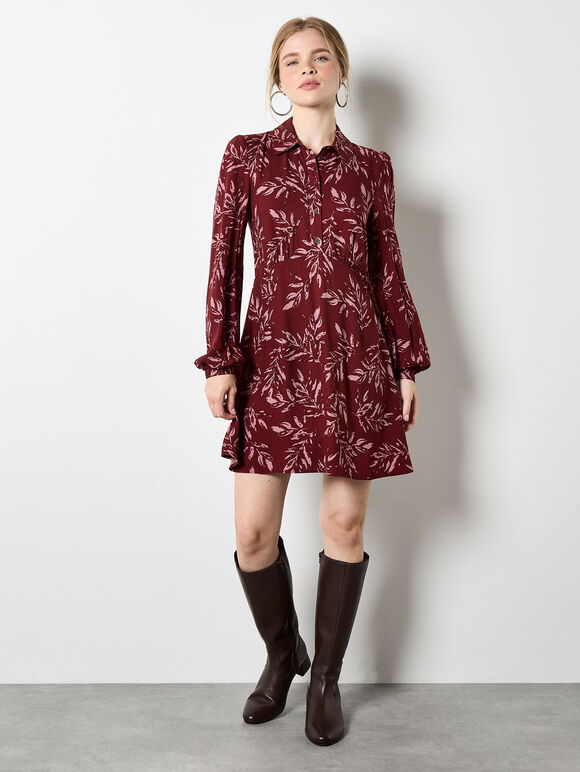 Leaf Print Shirt Mini Dress, Burgundy, large