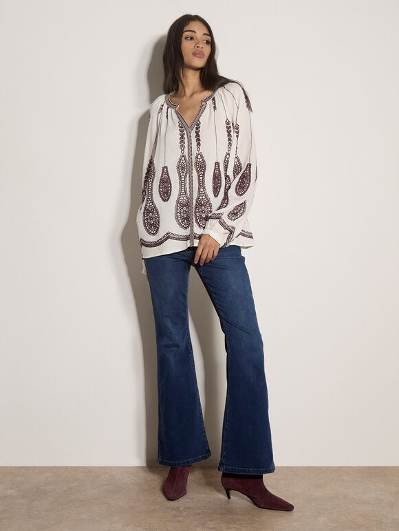 Floral Leaf Embroidered Blouse, Cream, large