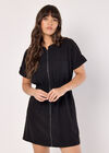 Zip-Down Utility Mini Dress, Black, large