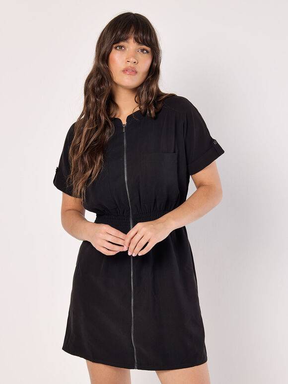 Zip-Down Utility Mini Dress, Black, large