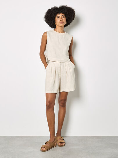 Linen Blend Pleated Mini Shorts