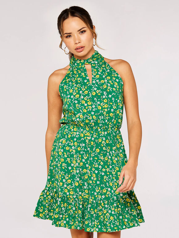 Ditsy Halter Mini Dress, Green, large