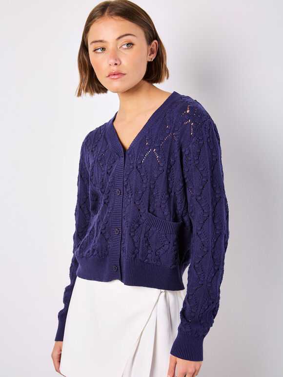 Pointelle Knitted Cardigan, Navy, large