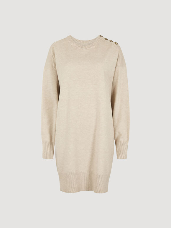 Button Detail Jumper Mini Dress, Stone, large