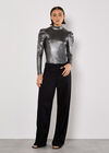 Metallic Foil Ruched Shoulder Top, Silver, large