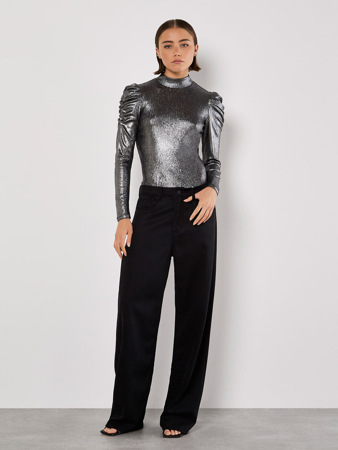 Image of Metallic Foil Ruched Shoulder Top