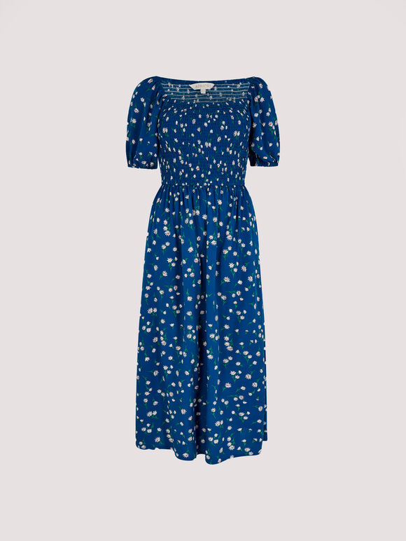 Floral Puff Sleeve Midi Dress, Blue, large