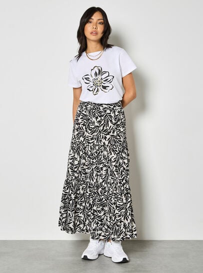 Leaf Print Tiered Midi Skirt
