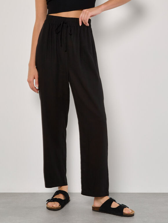 Linen Blend Cropped Trousers, Black, large