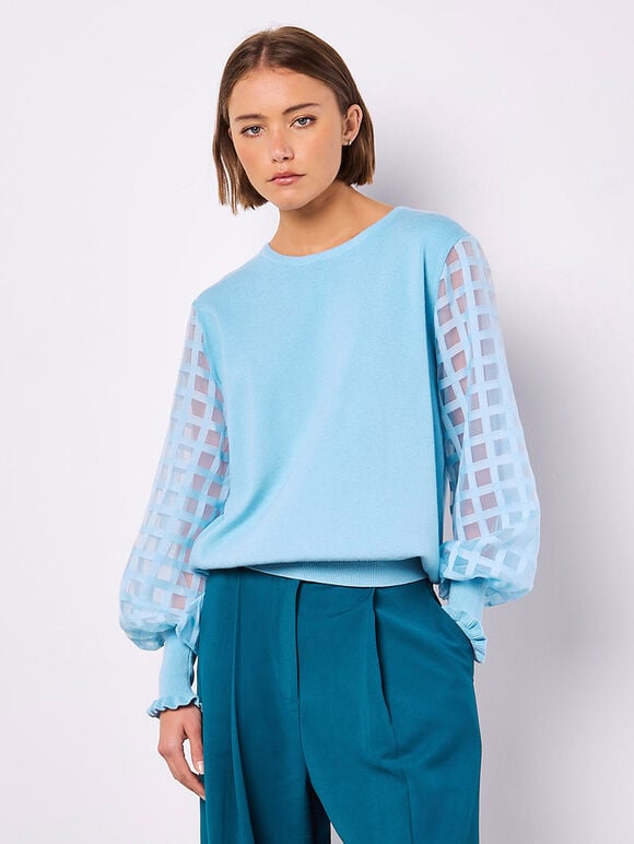 Contrast Organza Sleeves Jumper, Sky Blue, large