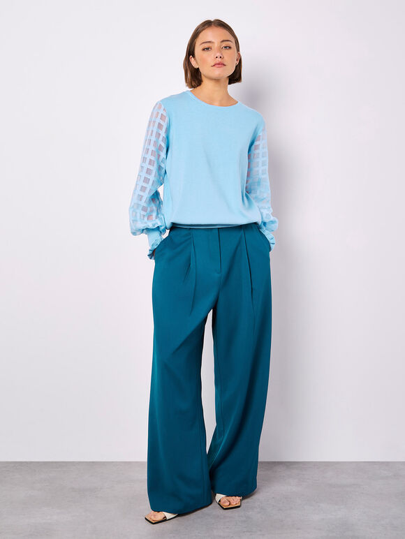 Contrast Organza Sleeves Jumper, Sky Blue, large