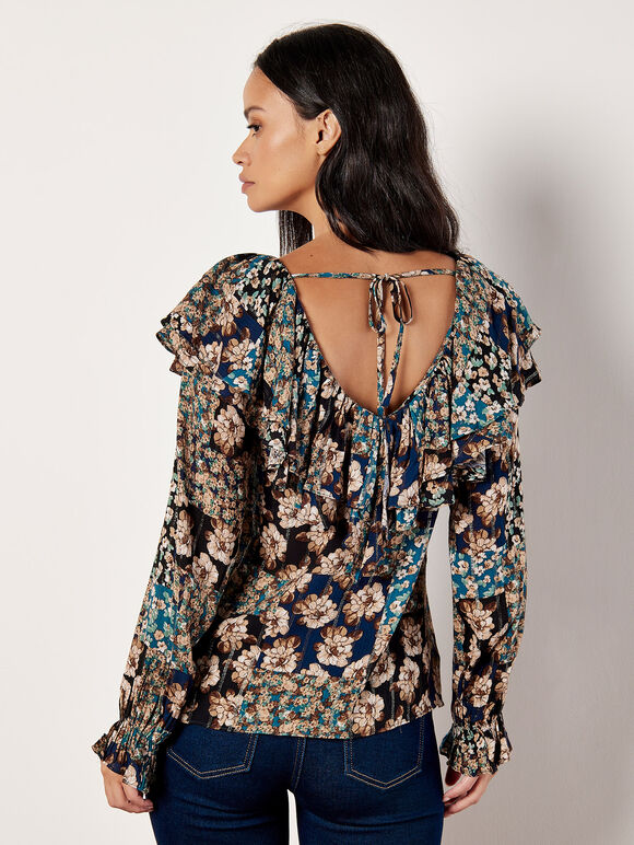 Patchwork Floral Shimmer Ruffle Blouse, Teal, large