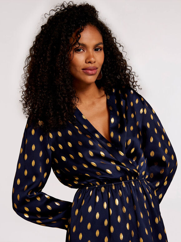 Metallic Gold Spot Midi Dress, Navy, large