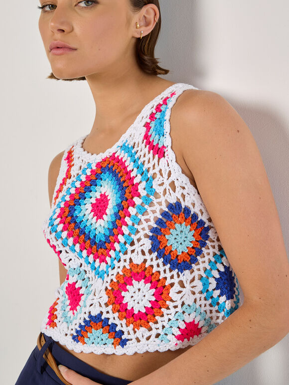 Diamond Crochet Crop Vest Top, Blue, large