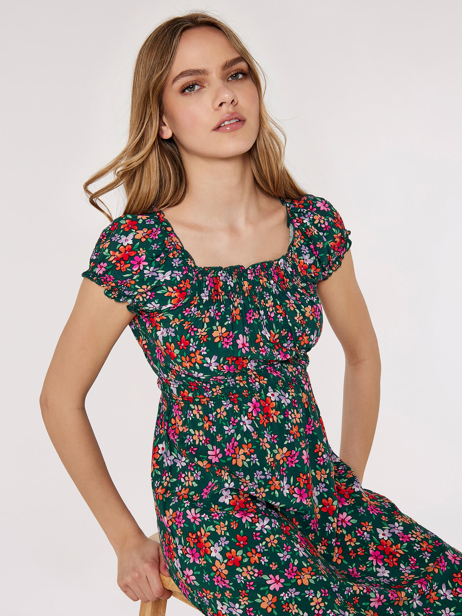 Ditsy Milkmaid Midi Dress Apricot Clothing