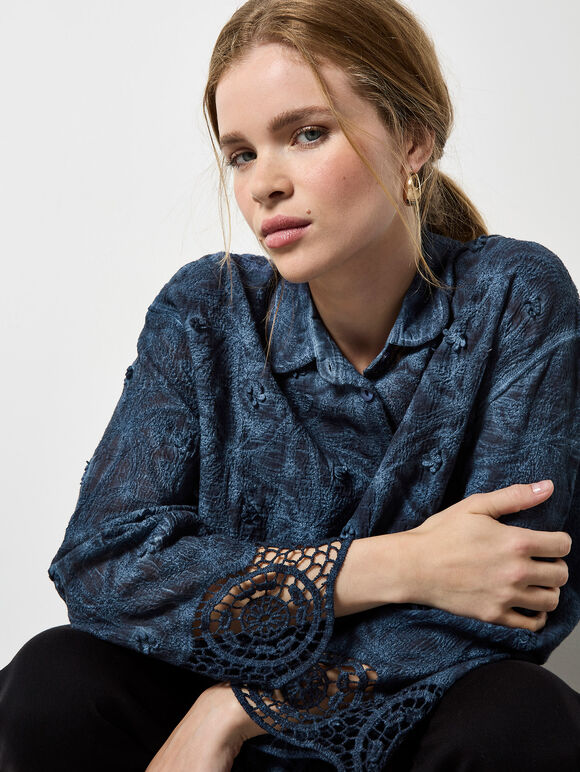 Textured Cotton Floral Crochet Blouse, Navy, large
