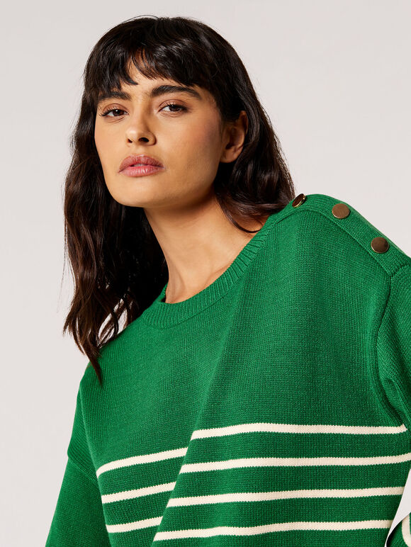 Stripe Knitted Gold Button Jumper, Green, large