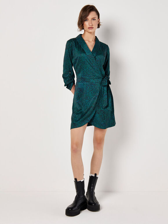Animal Print Satin Wrap Mini Dress, Green, large