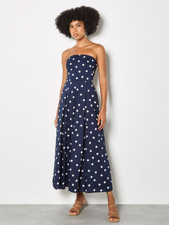 Polka Dot Bow Back Wide-Leg Jumpsuit, Navy, large