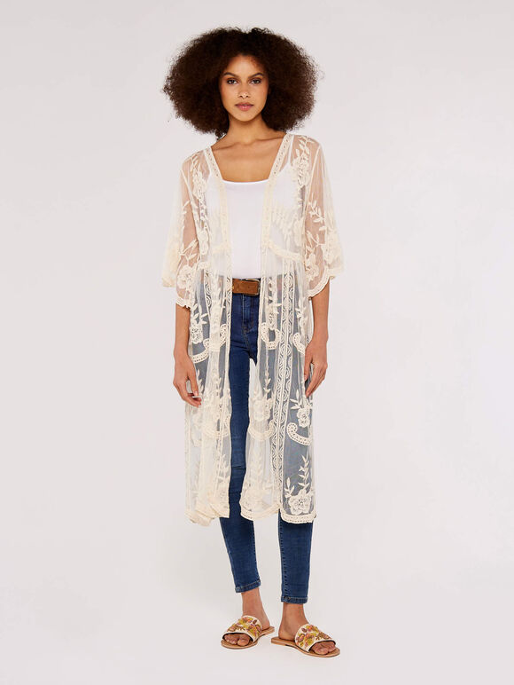 Embroidered Mesh Longline Kimono, Stone, large