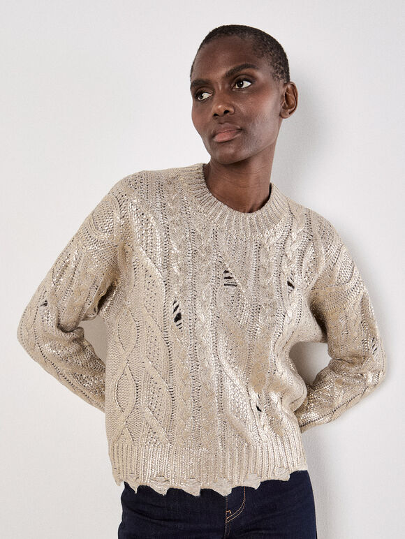 Distressed Gold Foil Metallic Cable Jumper, Gold, large