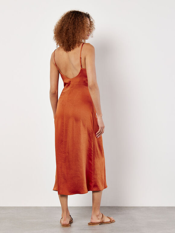 Ruched Satin A-Line Midi Dress, Orange, large