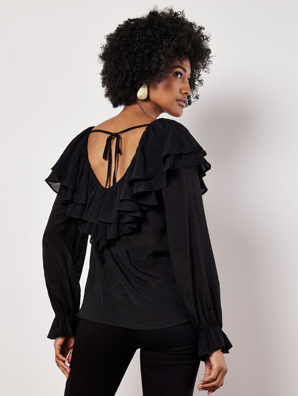 Ruffle Collar Blouse, Black, large