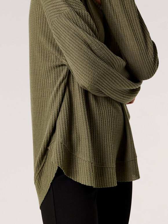 Oversized Waffle Knit Top, Khaki, large