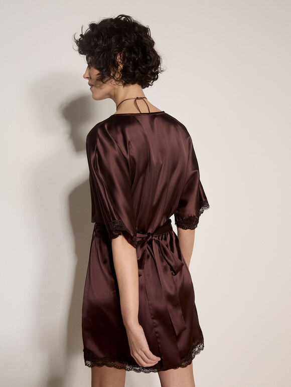 Lace Kimono Satin Mini Dress, Brown, large