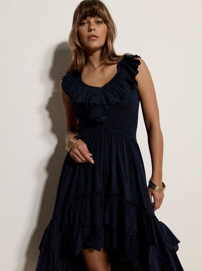 Cotton High-Low Ruffle Midi Dress
