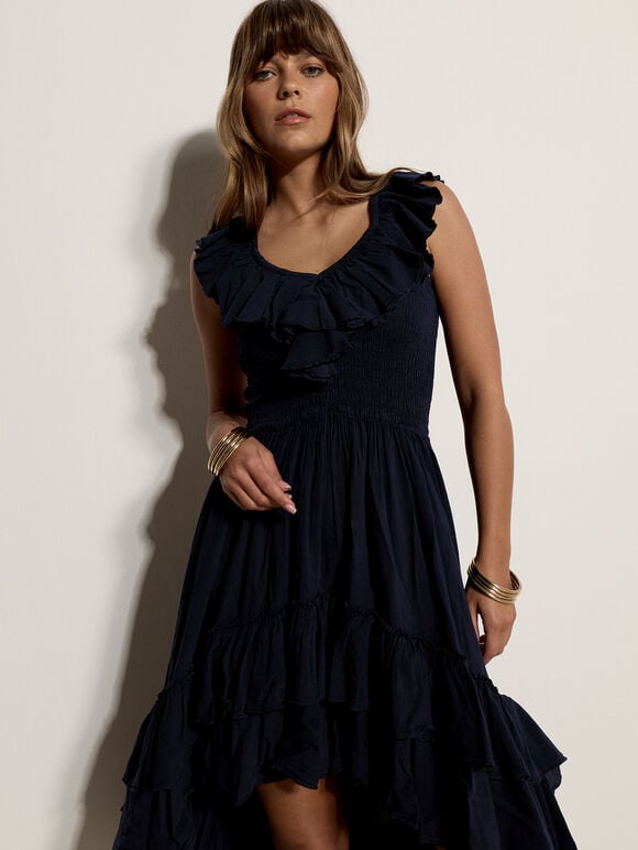 Cotton High-Low Ruffle Midi Dress, Navy, large