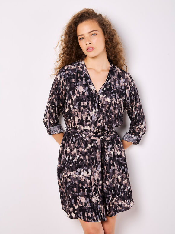 Abstract Brushstroke Shirt Mini Dress, Dark Grey - Charcoal, large