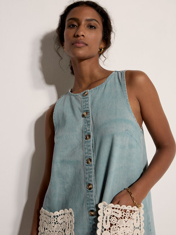 Denim Shift Mini Dress, Blue, large