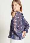 Ditsy Cold Shoulder Pleated  Blouse, Navy, large