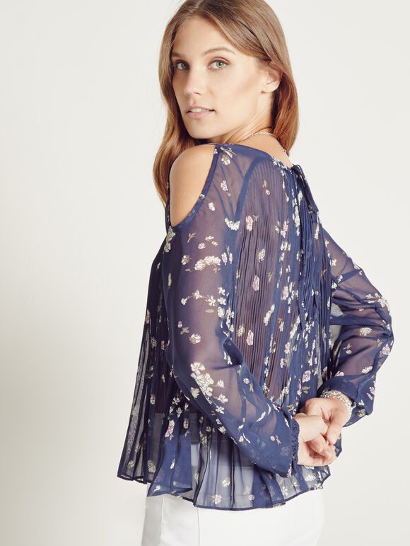 Ditsy Cold Shoulder Pleated  Blouse, Navy, large