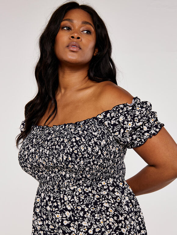 Curve  Floral Shirred Split Dress, Navy, large