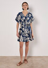 Tropical Leaf Print Satin Mini Dress, Navy, large