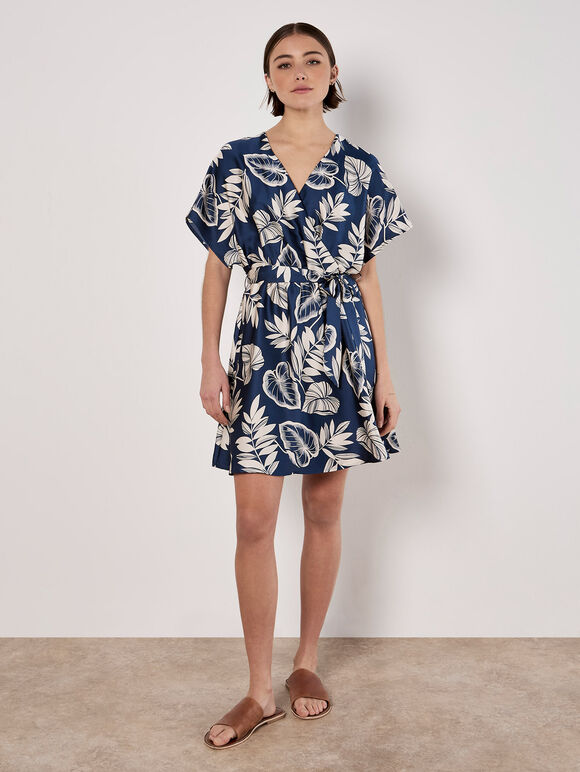 Tropical Leaf Print Satin Mini Dress, Navy, large