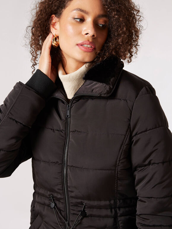 Faux Fur Hood Puffer Jacket, Black, large