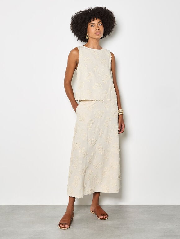 Embroidered Floral Linen Blend Shell Top, Stone, large