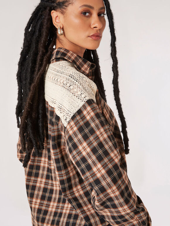 Crochet Detail Cropped Checked Shirt, Black, large