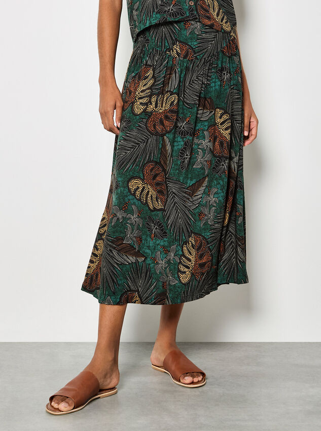 Tropical Leaf Print A-Line Midi Skirt, Green, large
