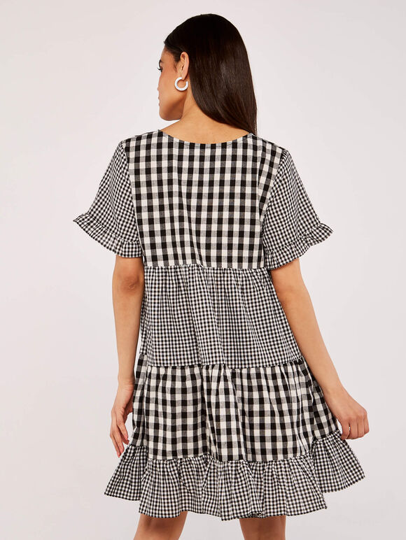 Gingham Tiered Dress, Black, large