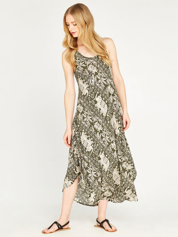 Tribal Elephant Sack Maxi Dress, Khaki, large